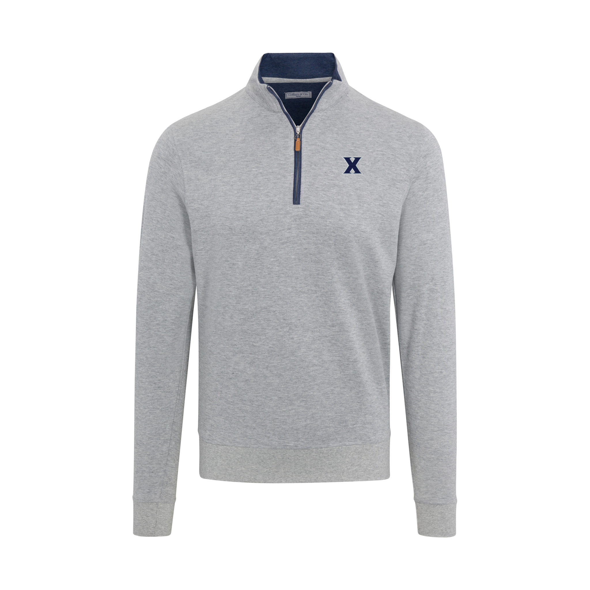 Xavier Heather Cloud Cotton Quarter Zip Pullover Light Grey with Navy Trim